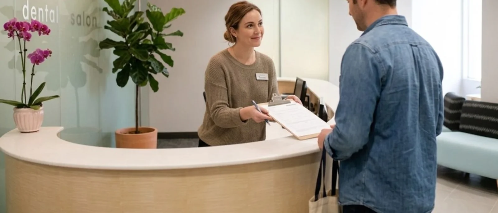 Patient receiving a clipboard at the Dental Salon Schaumburg front desk